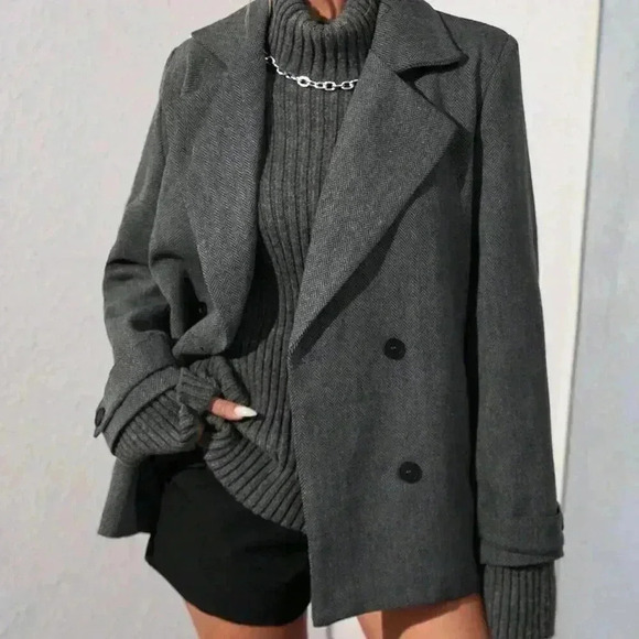 Dark Grey Casual Women's Oversized Turndown Collar Herringbone Mid-Length Jacket - Picture 2 of 6